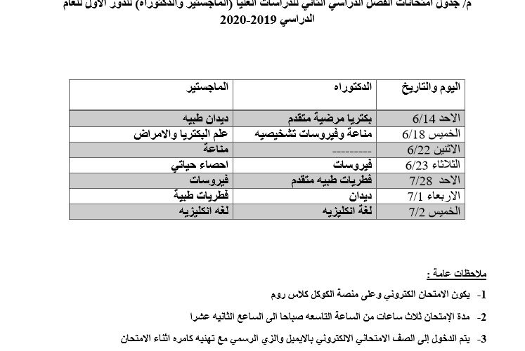 جدول امتحانات الفصل الثاني الدور الاول 1 747x500